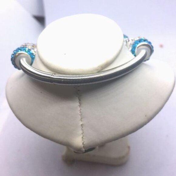 Silver Twist Bracelet with Silver and Blue Crystal Beads with Center Heart charm - Picture 2 of 3